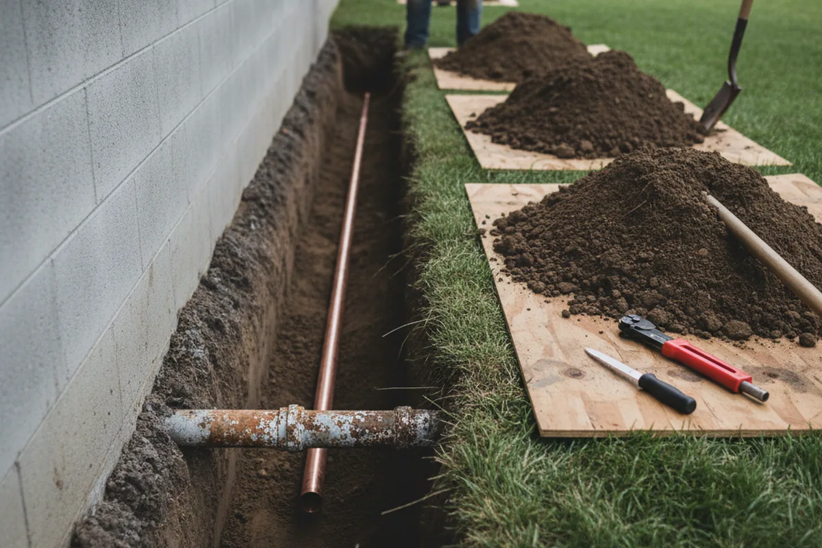 Excavated water line trench during Water Softener Installation in Londonderry